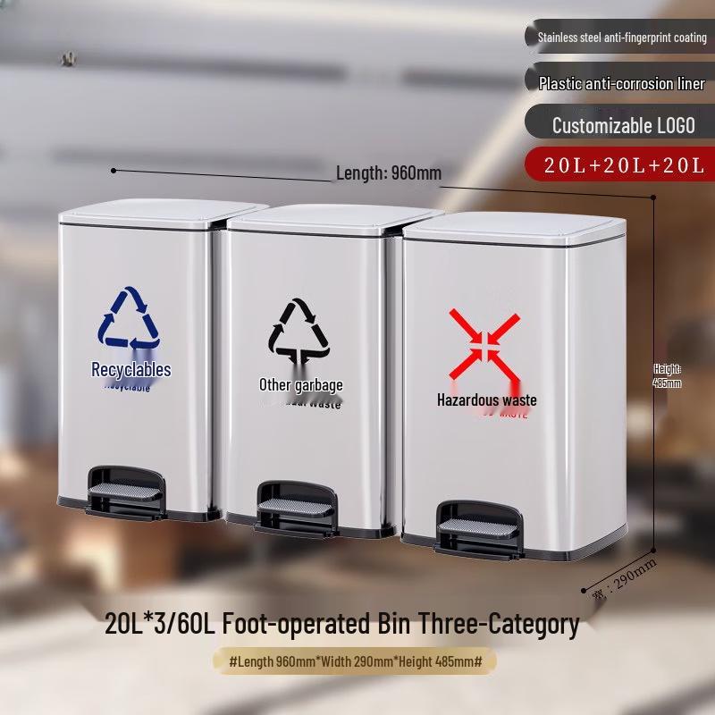 JPHZNB Stainless Steel 3-Compartment Pedal Recycling Bin