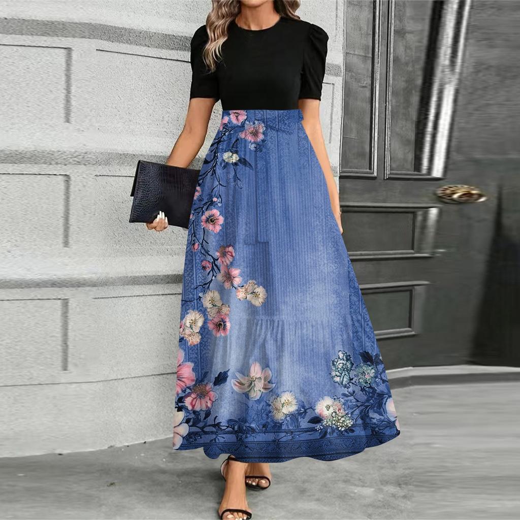 Women's Fashionable Casual Belt Short Sleeved Round Neck Print Elegant Temperament Dress