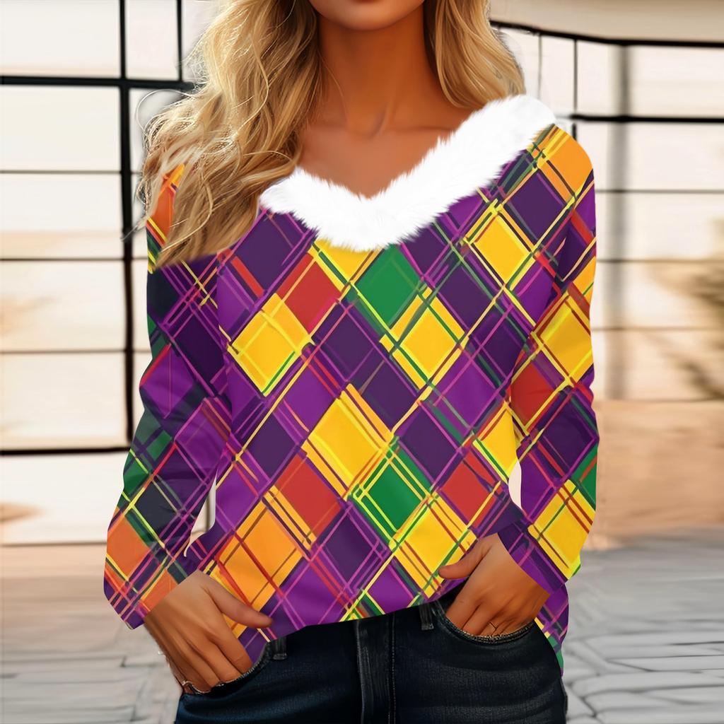 Dámský volný ležérní top s dlouhým rukávem a potiskem, plyšový límec ve tvaru V, top s dlouhým rukávem