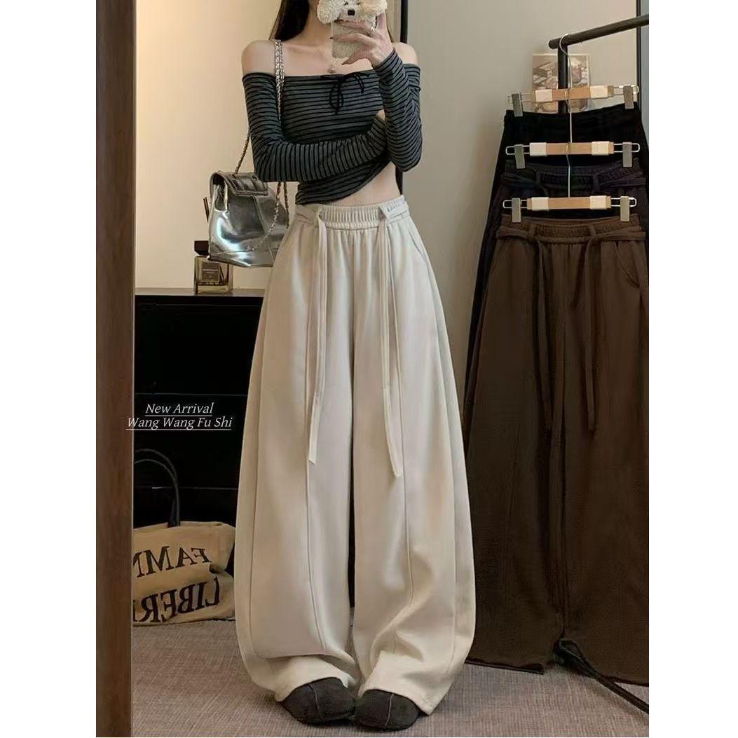 Women s Retro Coffee-Colored Wide-Leg Pants, Autumn/Winter 2025: High-End, Elastic Waist, Slimming, Floor-Length L