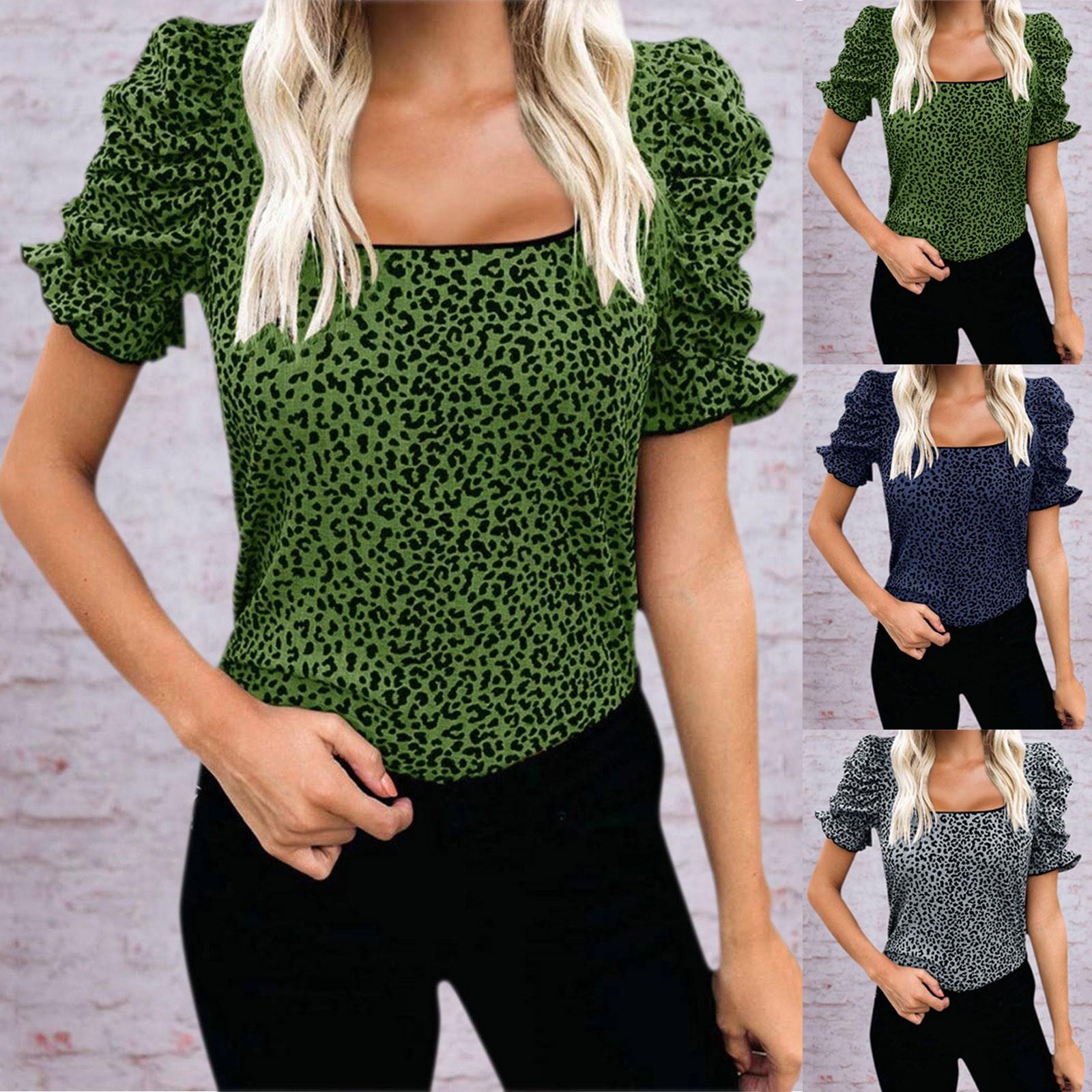 

Women s Fashion Summer Ruffle Short Sleeve Round Neck Slim Leopard Print T-shirt