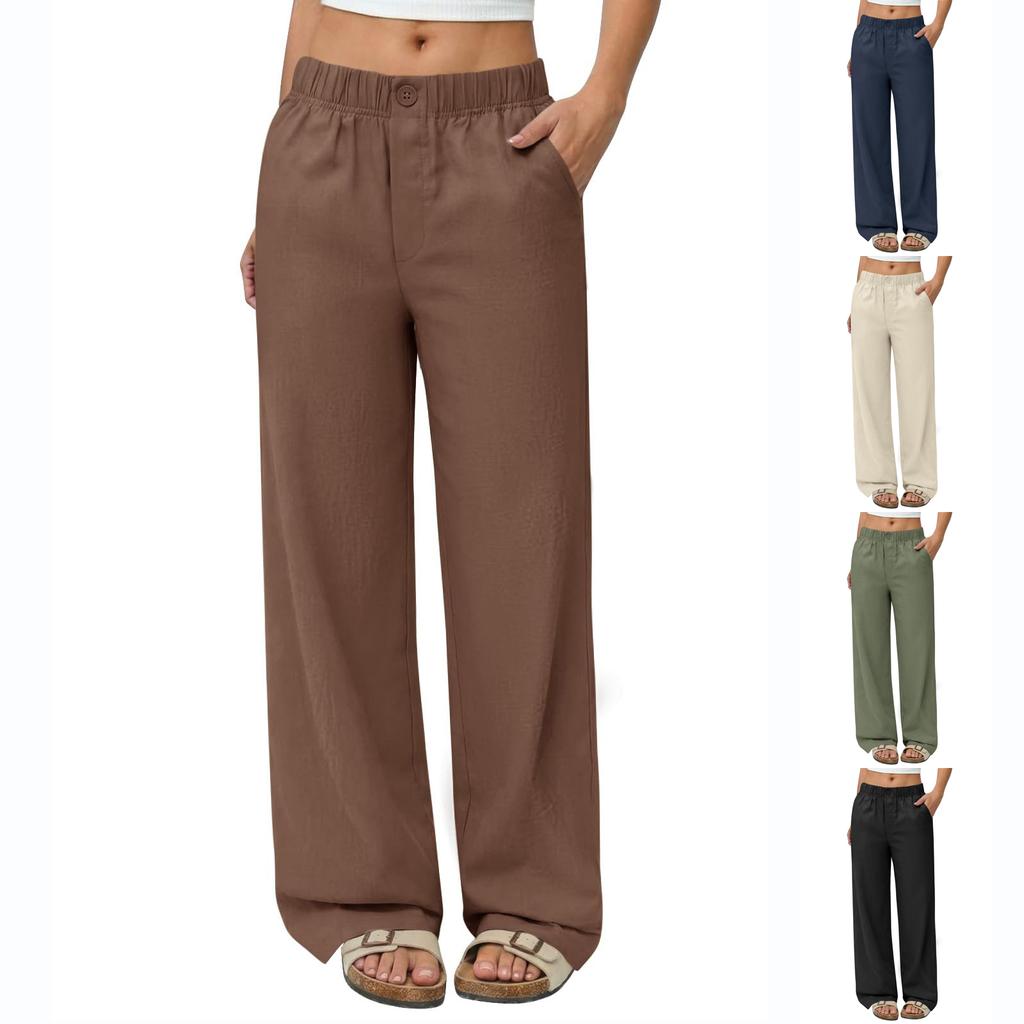 Women's Summer Casual Loose-Fit Flowy Linen Beach Pants With Pockets And Wide Legs