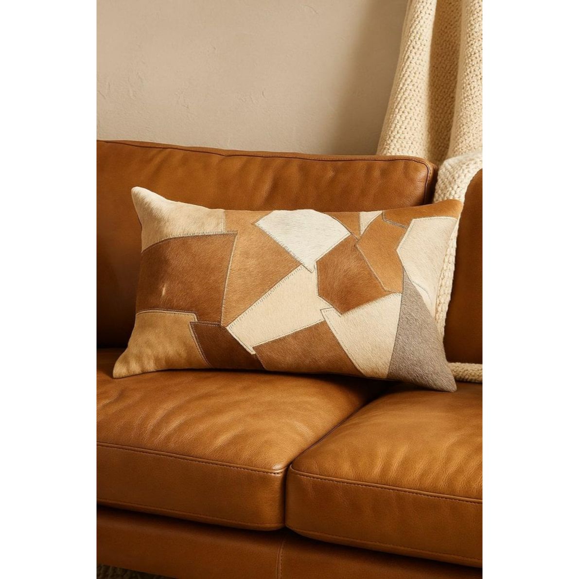 

Handmade Cowhide Lumbar Pillow Cover: Tan Patchwork Cushion Gift For Her Him Birthday Anniversary 11 x 19 in