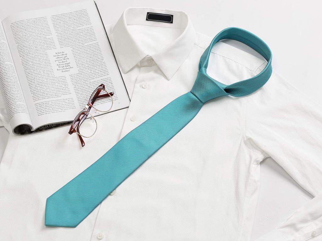 [Allegra K] Men's Formal Tie, 145cm, Solid Color Narrow Stripe Tie, Graduation Suit Tie, Lake Blue, One Size