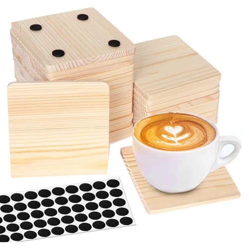 Bannik 25-Pack Unfinished Wooden Coasters, 4-Inch Blank Wooden Coasters, Craft Coasters with Non-Slip Silicone Dots, Square, Easy to Use