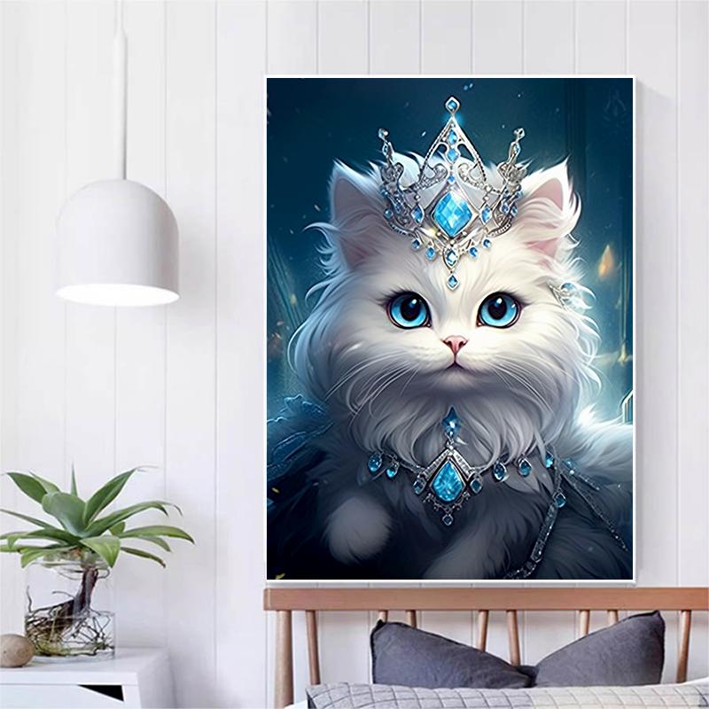 5d DIY Diamond Painting Cross Stitch Crown White Cat Animal Diamond Embroidery Animal Mosaic Full Round Drill Home Decor