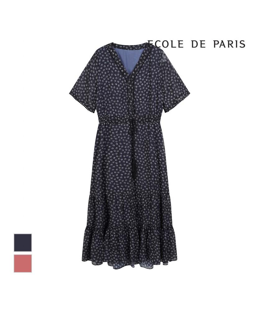 ECOLEDEPARIS V-Neck Fine Pattern Short Sleeve Dress_Cb27Woc044Z