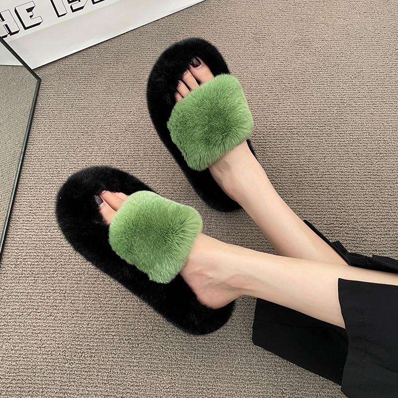 

Носите двухцветные пушистые тапочки на толстой подошве для женской осени и зимы 2025 года, плюшевые домашние ленивые хлопковые тапочки-шлепанцы 40 зелёный