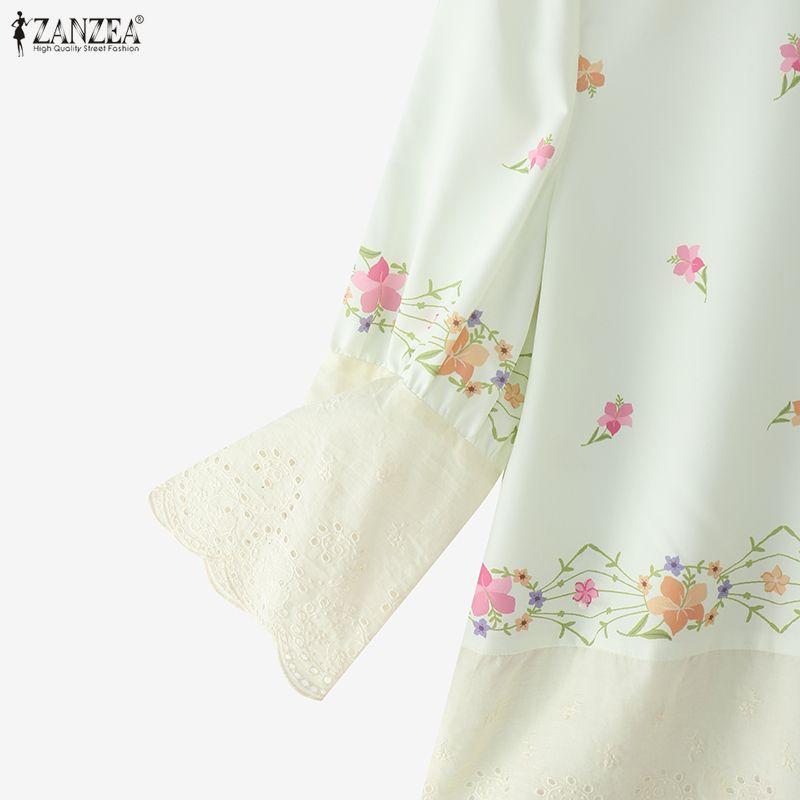 ZANZEA Women Round Neck 3/4 Sleeve Casual Floral Print Blouse