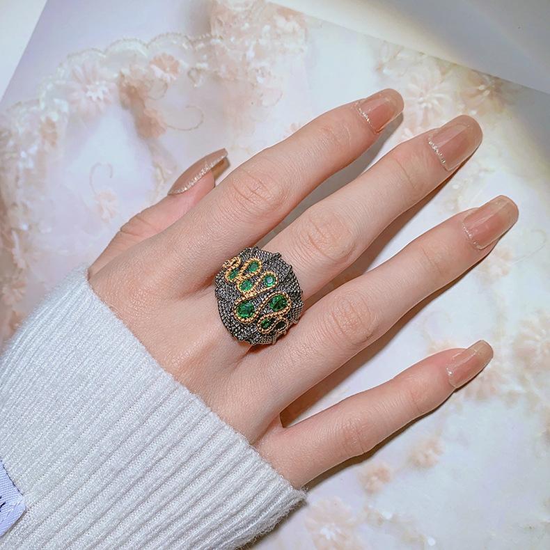 Fashion Simulation Color Treasure 925 Vintage Black Gold Sparkly Diamond Lady Ring Party Birthday Bride Gift