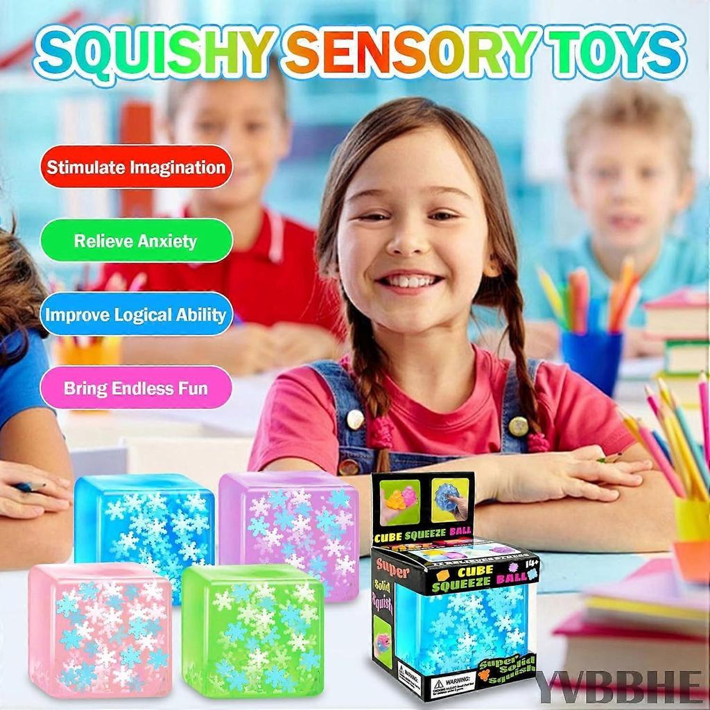 4 Pack Squeeze Cube with Glow in The Dark Snowflakes Inside, Squishy Fidget Gummy Toys,Luminous Sensory Toys for Kids Autism,Maltose Balls for Anxiety