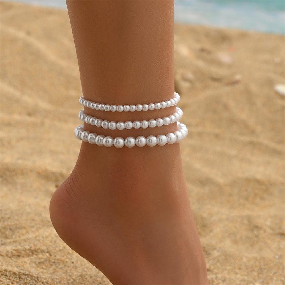 White Beads Simulated Pearl Anklets For Women 3pcs/Set Versatile Foot Chain Ankle Bracelet Boho Beach Jewelry Summer Accessories