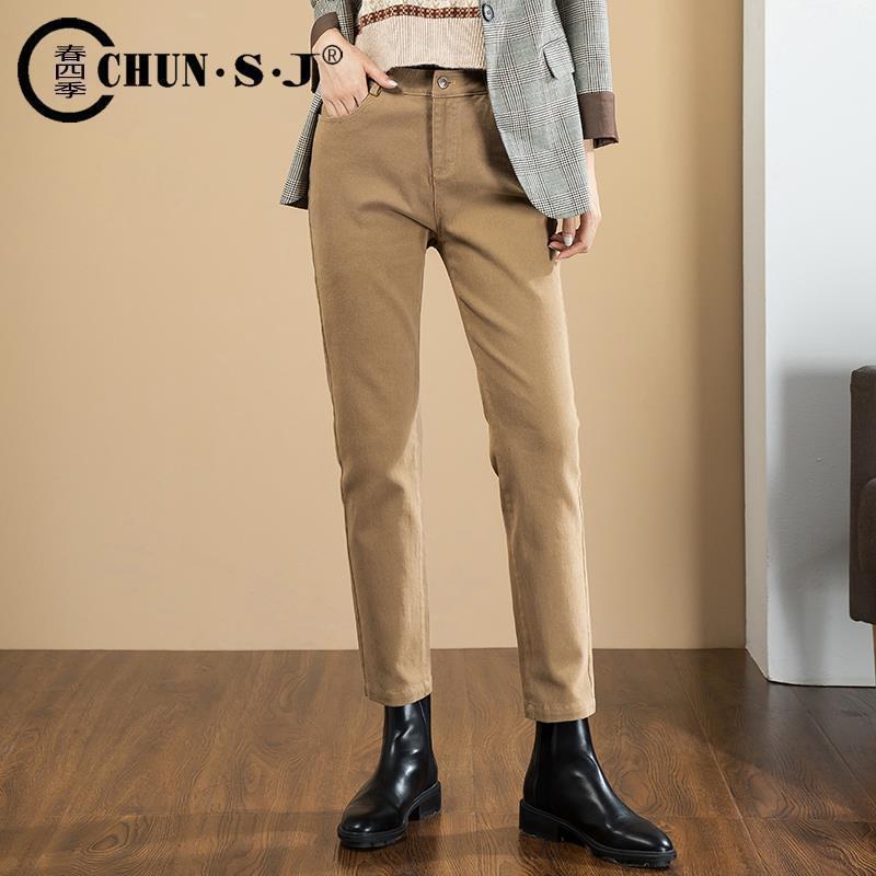 

2024 Autumn/Winter Women s Khaki Fleece Straight-Leg High-Waist Slimming Cropped Pants 30