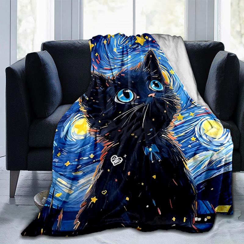 1pc Starry Night Kitten Cartoon Blanket Home Decorative Throw Gift Perfect for Couch Bed Living Room
