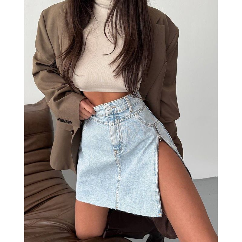 

European and American Cross-Border Irregular High-Waisted Denim Skirt for Women, Spring and Summer Design with Zipper, Ins-Style Short Skirt Light Gray S