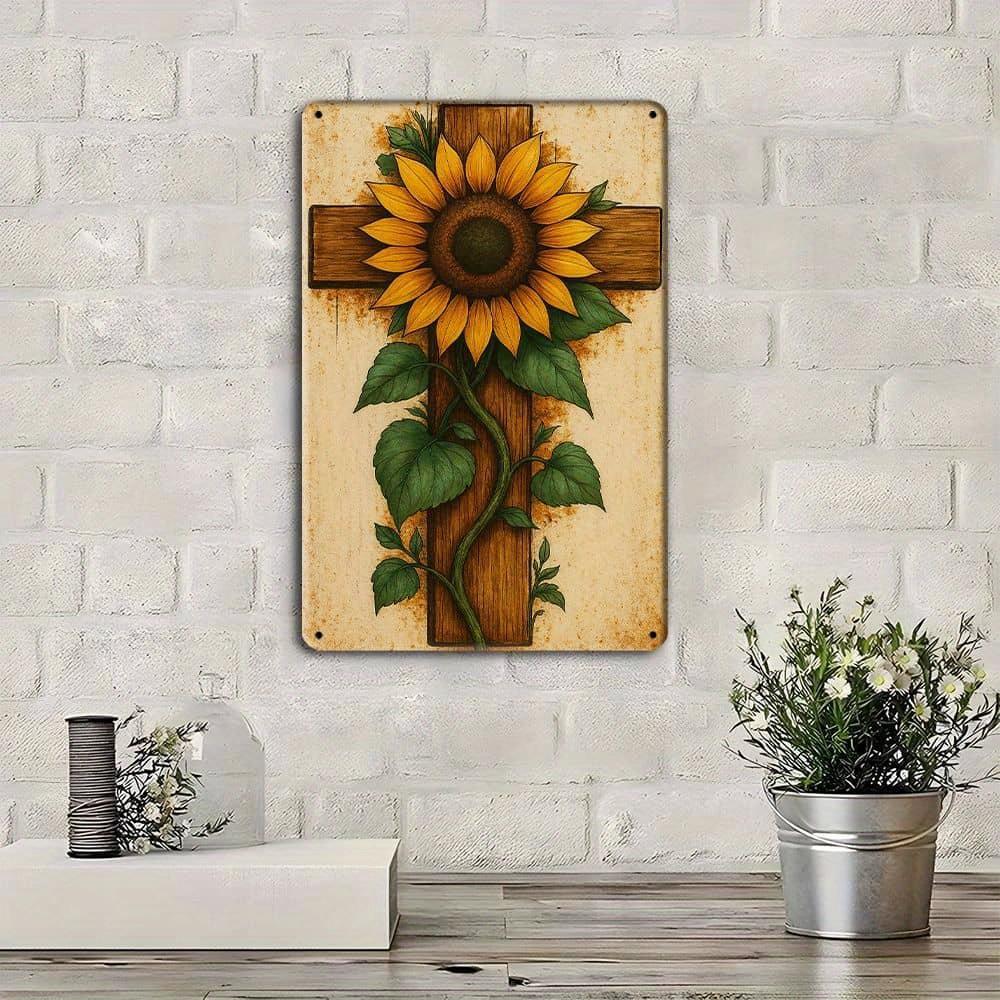 Vintage Sunflower Cross Metal Sign, 8x12 Inch.