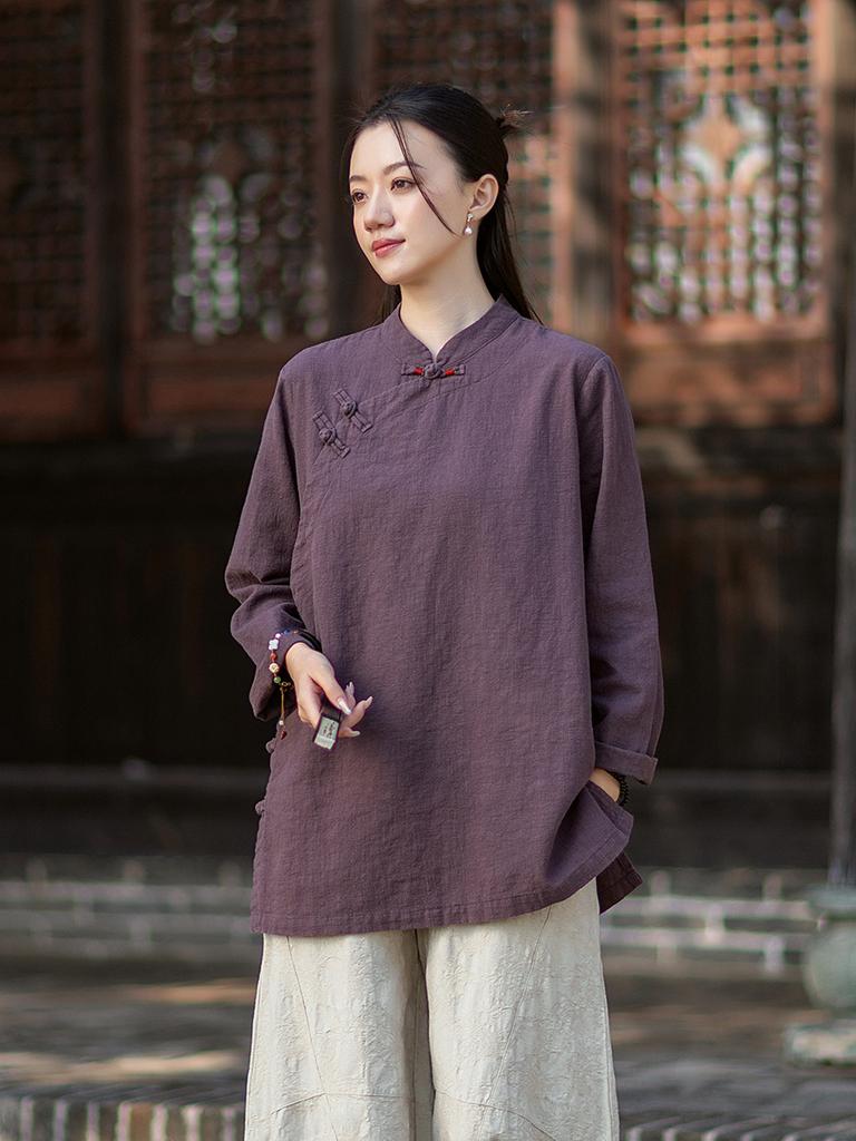 Johnature Women Shirts Vintage Blouses Spring Chinese Style Solid Color Tops Stand Long Sleeve Button Shirts