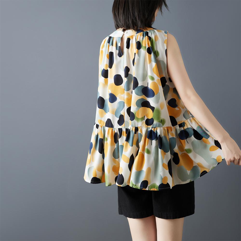 DIMANAF 2026 New Summer Plus Size Women Shirts Tees Casual Loose Blouse Print Sleeveless Lady Tops Pleated