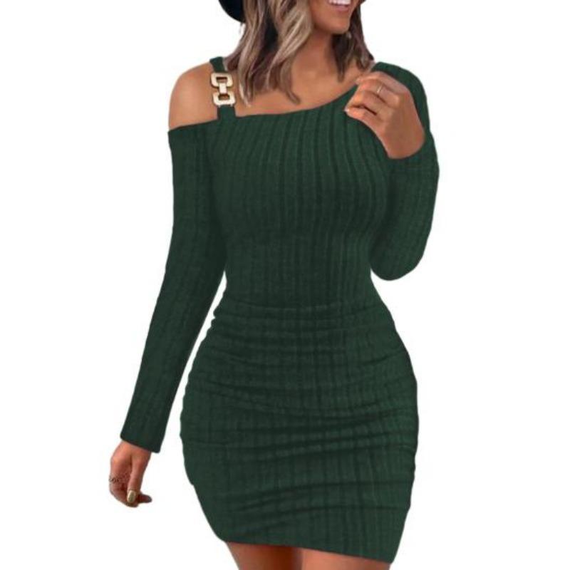 

Женское платье трикотажное на одно плечо с эластичной резинкой на шее, однотонное, с узкой талией, противоусадочное мини-платье-футляр с длинными рукавами, вечерние S зелёный