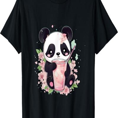 Kawaii Anime Panda Drinks Boba Tea Bubble Cherry Blossom T-Shirt(4)
