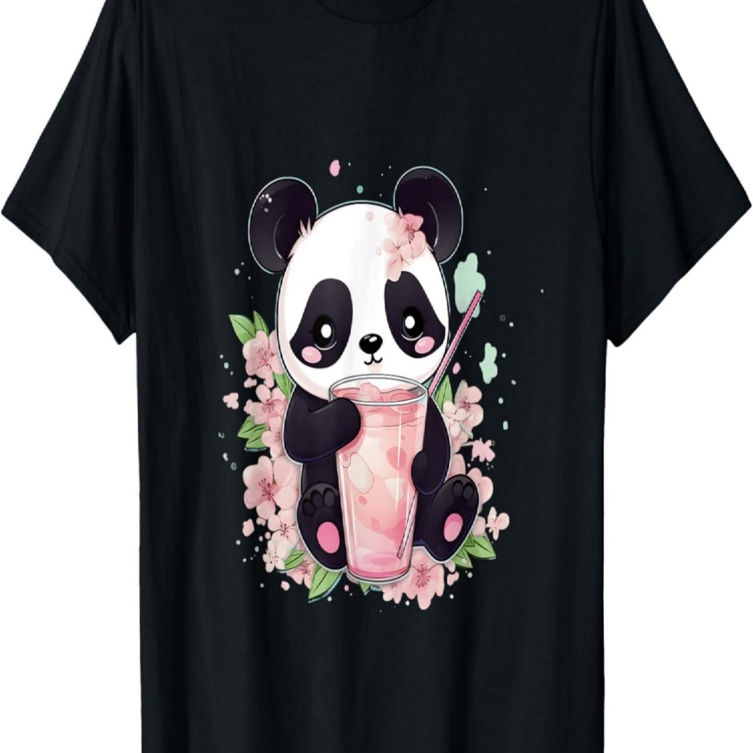 

Kawaii Anime Panda Drinks Boba Tea Bubble Cherry Blossom T-Shirt(11) S чёрный