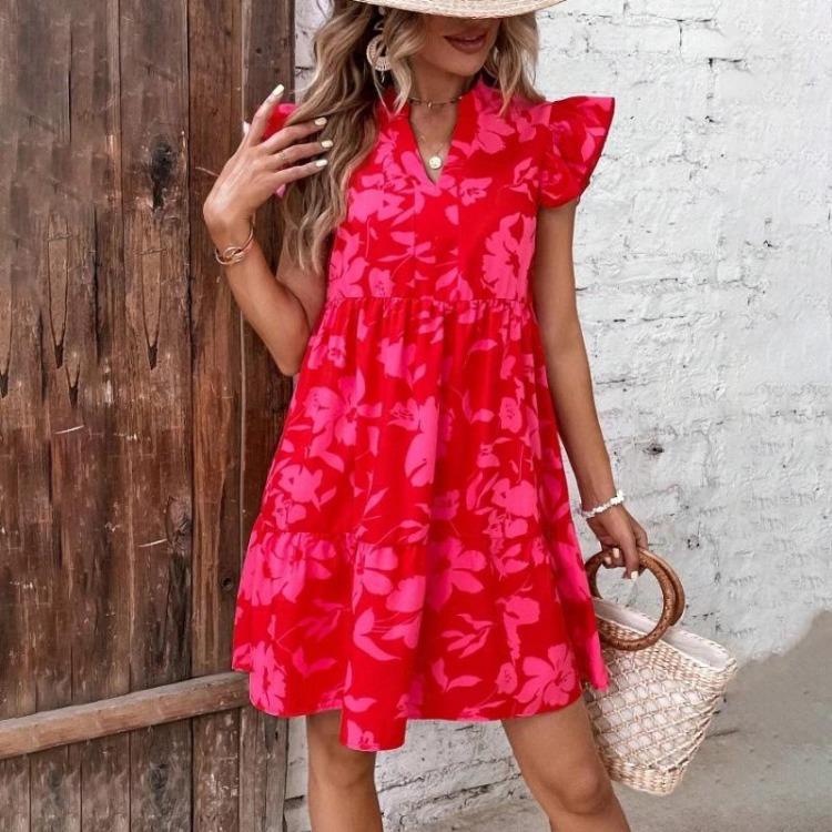 V-neck Summer Dress Loose Women Flounce Sleeves Print
