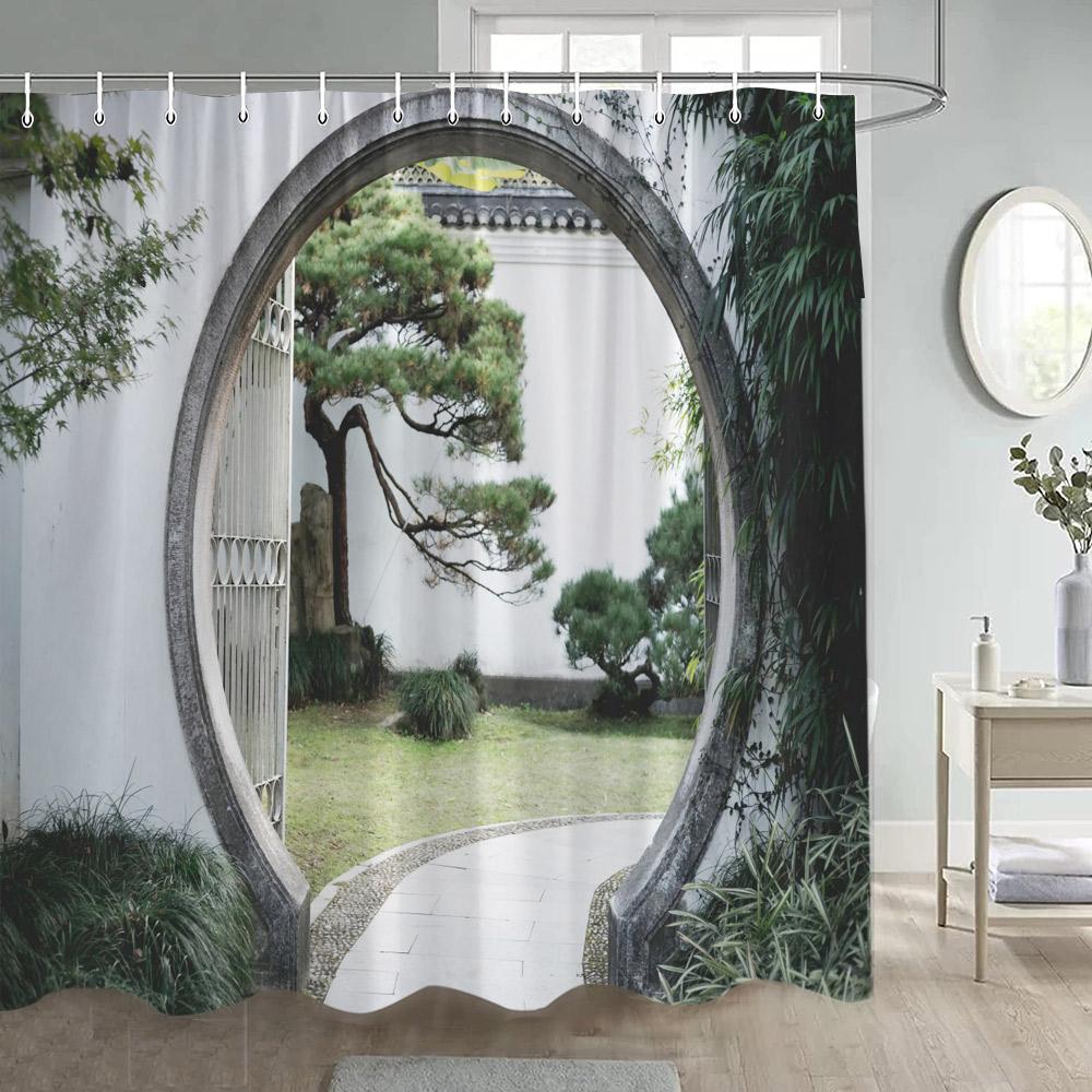 Chinese Style Garden Shower Curtains Green Bamboo Plants Arches Moon Door After Rain Landscape Polyester Bathroom Curtain Decor