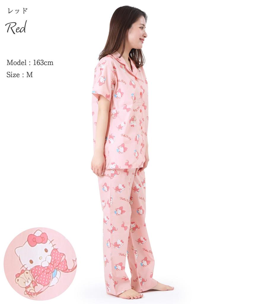 Hello Kitty Shirt Pyjama Breitband Baumwolle Kurzarm Lange Hose Oberteil und Unterteil Set Room Wear Loungewear Ribbon Ribbon Hello Kitty [SAZAC] 100%