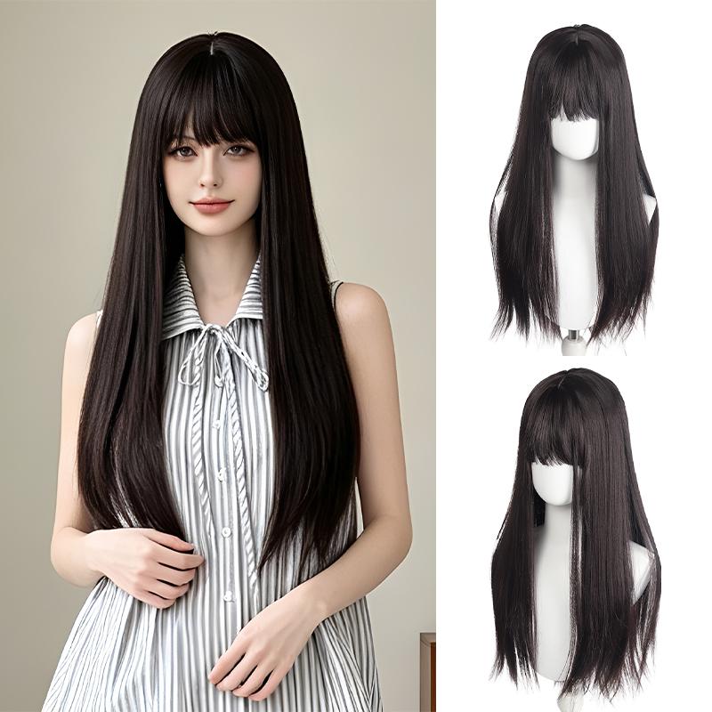 60cm Layered Black Long Straight Wig with Air Bangs, Full Cap Synthetic Fiber Wig for Lolita & JK Style Daily Wear