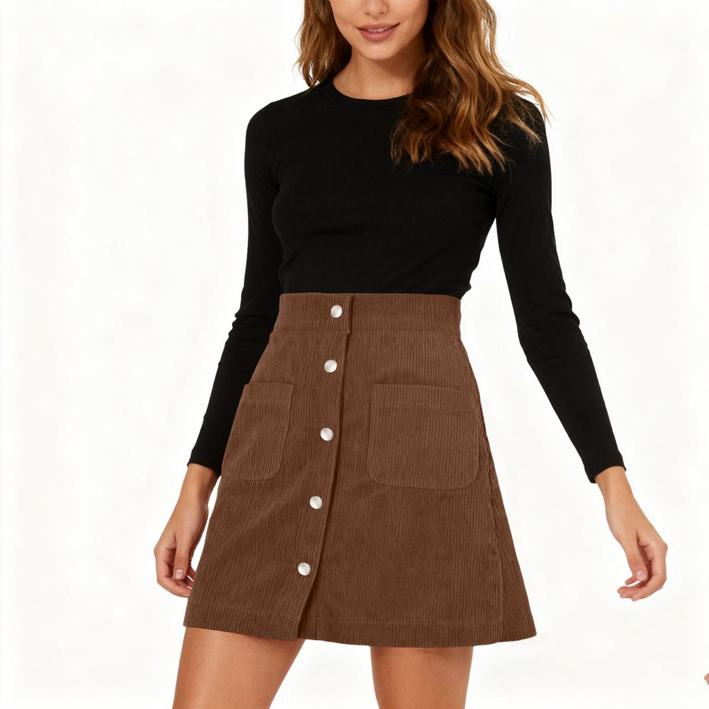 Damen-Halbrock aus Cord, enger Rock, einreihig, Cord, schmal