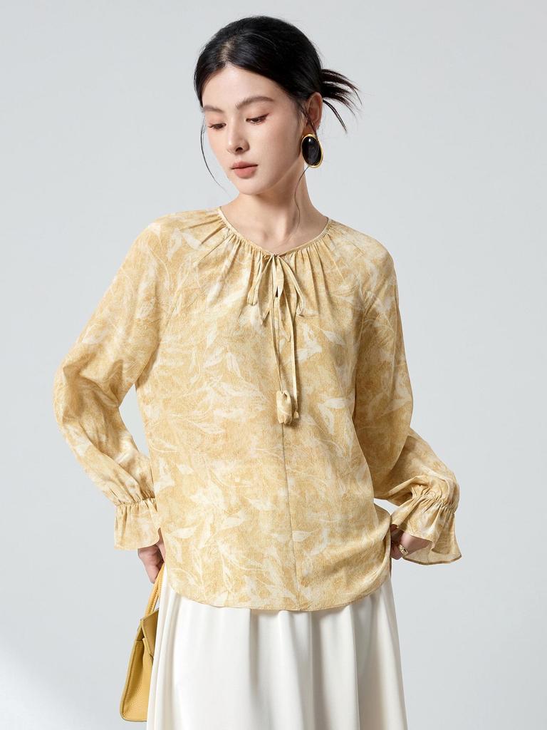 100% Mulberry Silk High-End Shirt, Spring Lantern Sleeves, Double Georgette Tie-Up Print, Women's Top