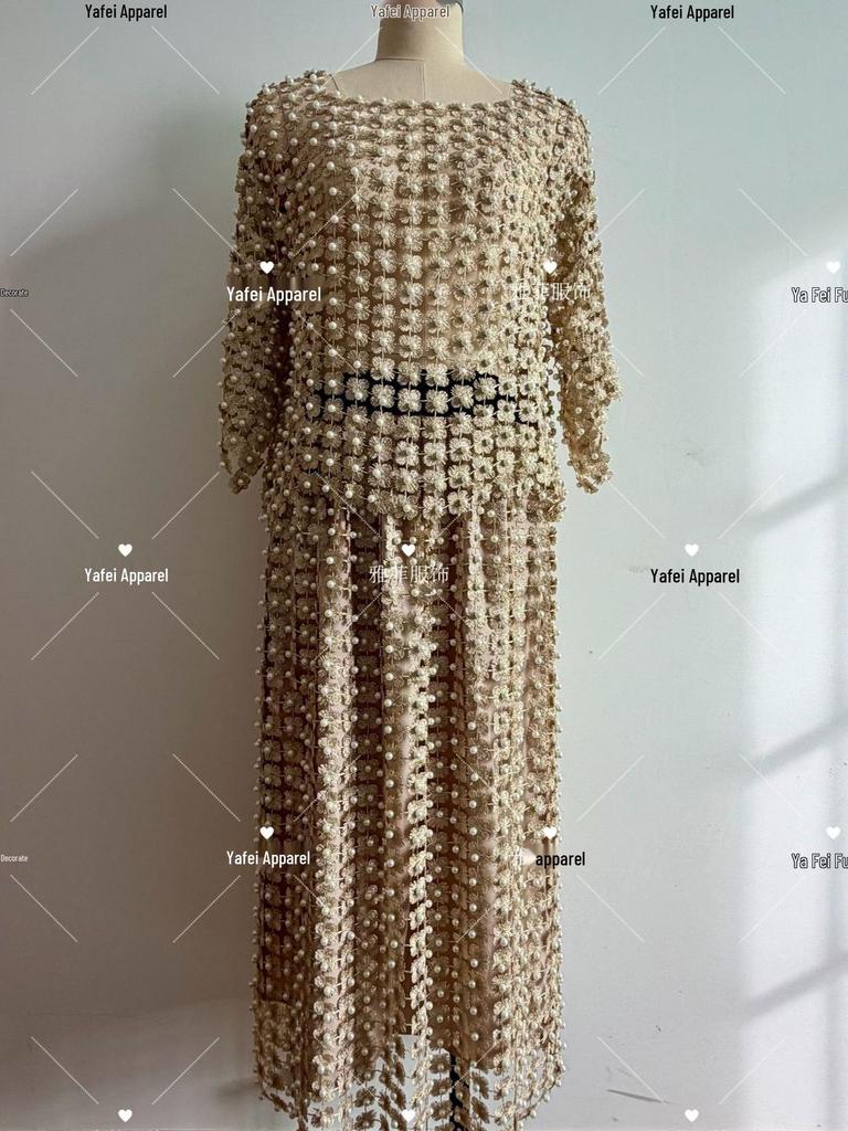 Elegant Gold Thread Floral Lace Cardigan & Skirt Set
