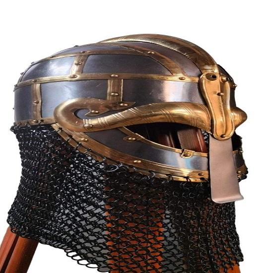 Chainmail Helmet - Vendal Style, Hand Forged Steel & Brass Armor SCA LARP with Chainmail Details