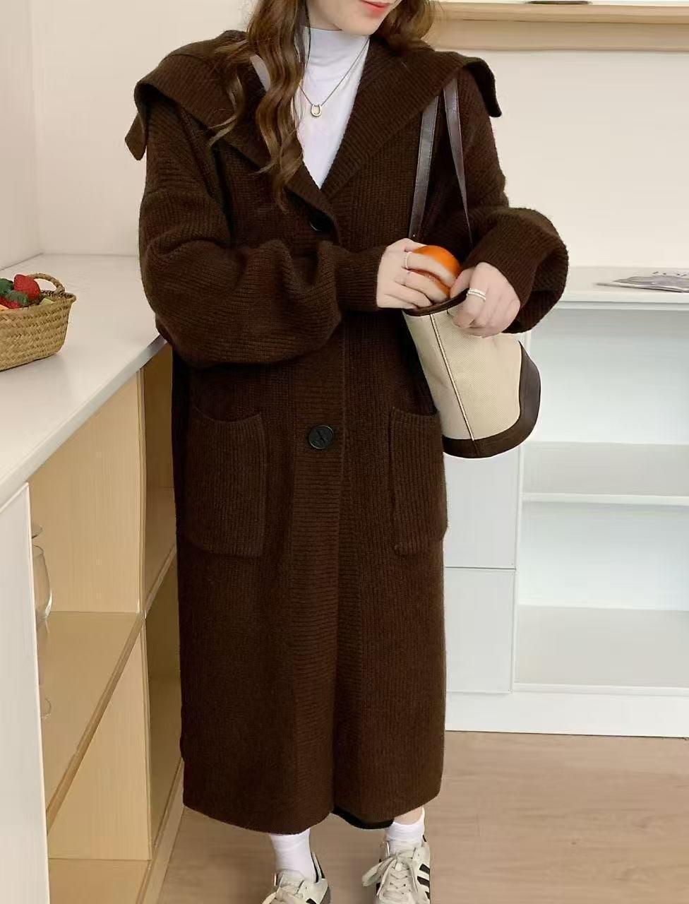 

Женский вязаный кардиган Осень/Зима 2025 - Длинный, Свободный, Толстое пальто-свитер с лацканами One Size [80-130] кофейный