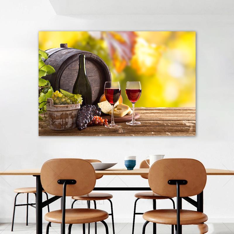 Wine Glass Bottle Posters and Prints Canvas Painting Wall Art Pictures for Dining Room Home Decor Grapes Wooden Barrel Cuadros