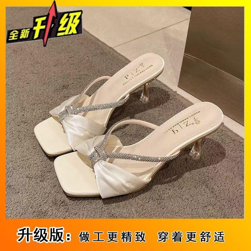 2025 Summer New Fashion Open-toed Square-headed Rhinestones with Slippers Female Sexy Outer Wear Stiletto High Heels Female
