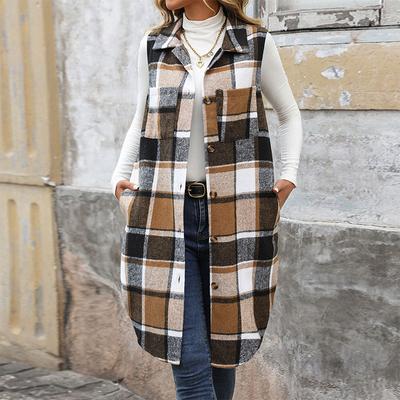 Women's Fashion Casual Fall Winter Plaid Print Sleeveless POLO Neck Coats(women’s)