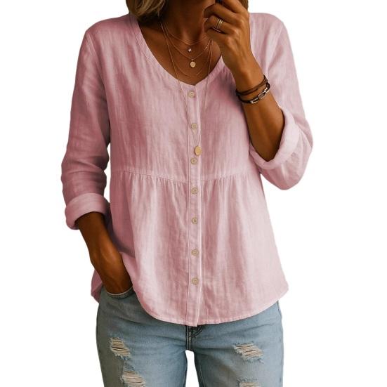 Women Shirt V-Neck Long Sleeve Buttons Placket Shirt Tops A-Line Silhouette Short Front Long Back Hem Casual Shirt
