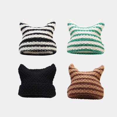 Imp Ear Warm Woolen Cap Female Cute Cat Ears Fashion Striped Knitting Cap Set Head Cap Fashion Hip-hop Cotton Cap Bean Cap