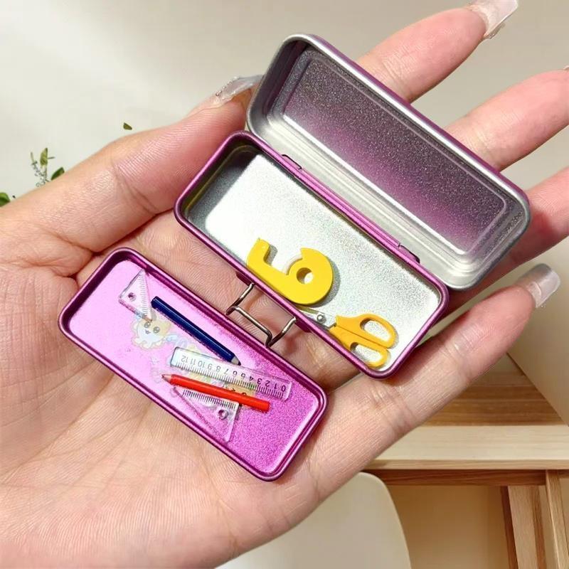 Dollhouse Miniature Double Layer Iron Pencil Box Pen Ruler Measuring Tape Scissors Model For Doll House Decor Pretend Play Toys
