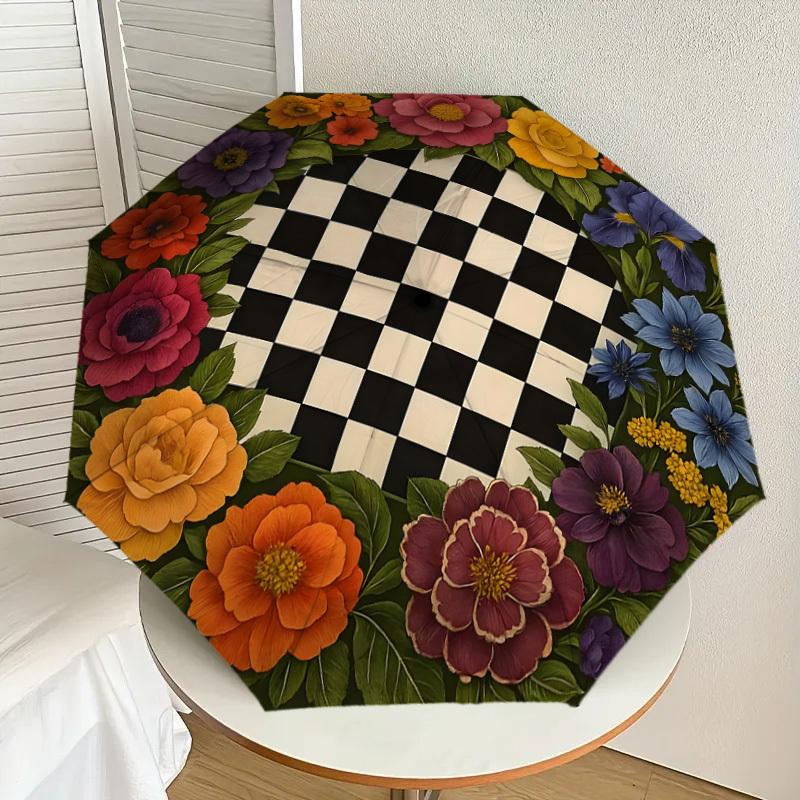 

1pc Floral Chessboard Design Umbrella with Plastic Handle,Suitable for All Seasons Home Travel Outdoor UmbrellaDD1336