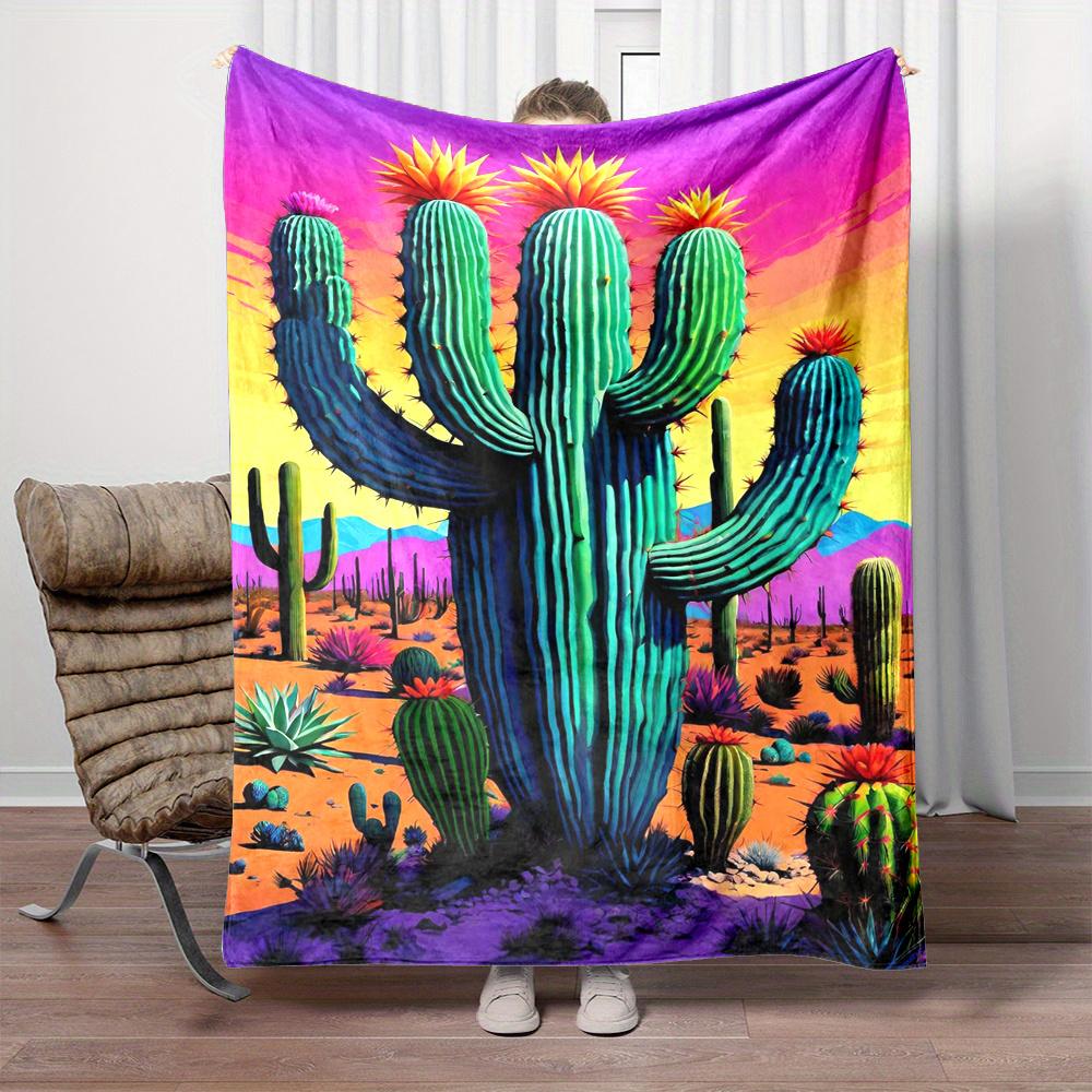 Cozy Cartoon Cactus Print Flannel Throw Blanket - Soft, Reversible, All-Season Comfort for Bed, Sofa, Camping & Travel - Machine