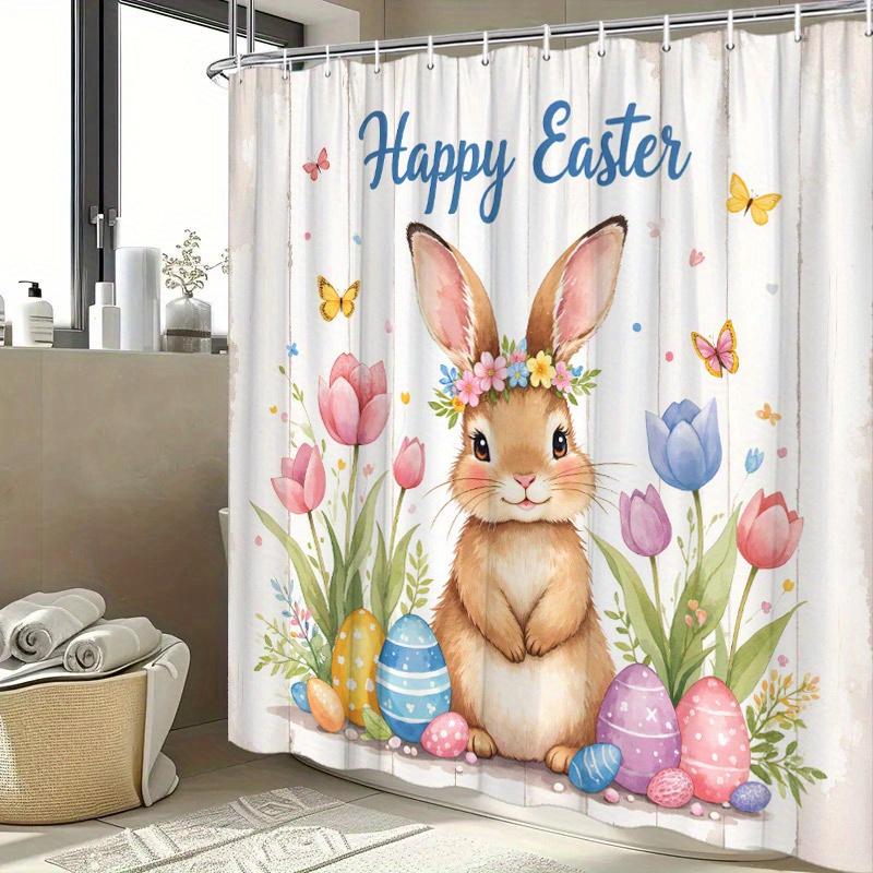 1pc Whimsical Watercolor Bunny Easter Shower Curtain - 70.8x70.8 Inch Durable Polyester Bathroom Decor with 12 Hooks, Machine