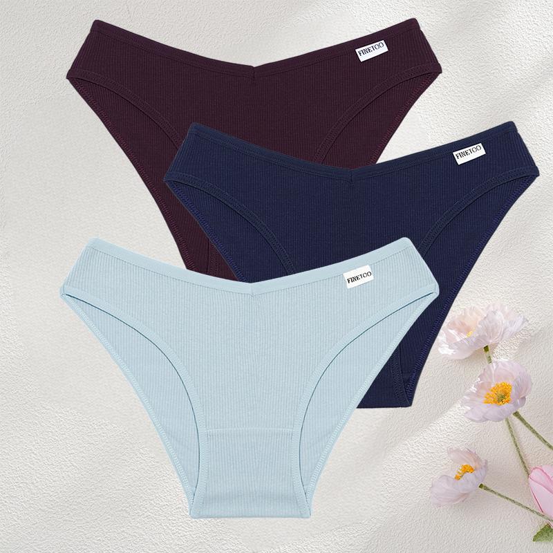 FINETOO 3Pcs/Set Sexy Low Waist Cotton Panties M-3XL Ribbed Breathable Briefs Underwear for Women Gym Fitness Casual Lingerie