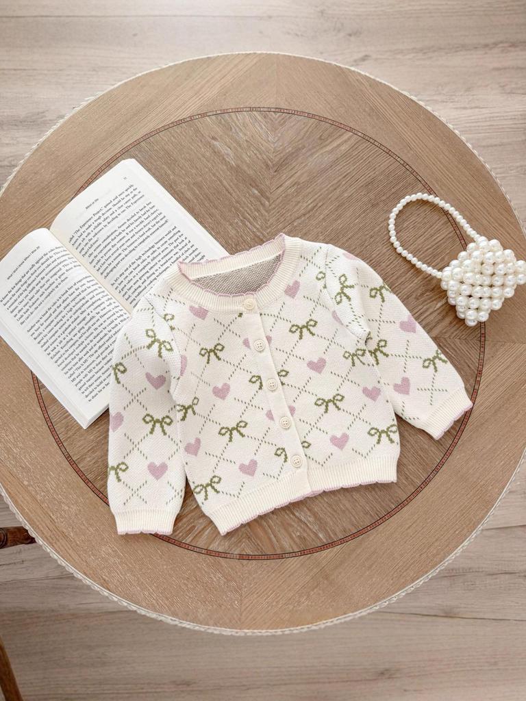 Heart & Bow Knitted Romper and Jacket Set for Baby Girls - Perfect for Spring & Autumn, Full Moon, and 100-Day Celebrations.