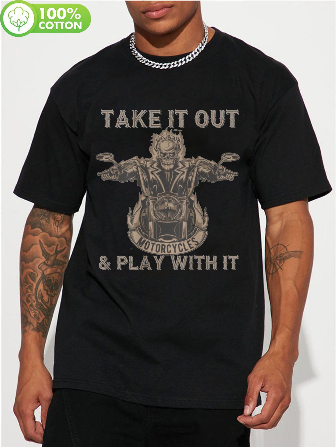 Casual Biker Skeleton Graphic T-shirt - Take It Out & Play with It Motorcycle Rider Design M