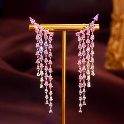 French Light Luxury Long Fringed Pink Diamond Earrings Super Flash Zircon Dinner Dress Catwalk Zircon Earrings