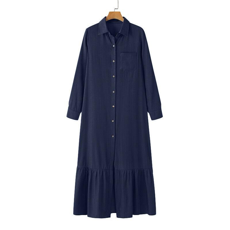 2022 Autumn Women’s Elegant Androgynous Long-Sleeve Denim Cardigan Dress with Turn-Down Collar