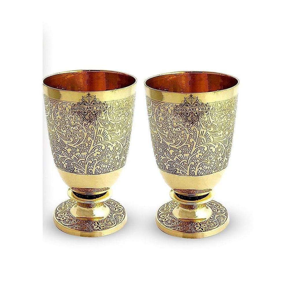 Pure Brass Glass Tumbler with Goblet Design - 350 ml, Embossed, Drinking and Serving Water, Yoga and Ayurveda, 2 Piece