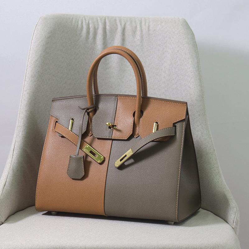 Sac à main explosif pour femme en cuir de vachette à motif de paume de qualité A, coutures extérieures contrastées en cuir, bord à l'huile, sac à bandoulière